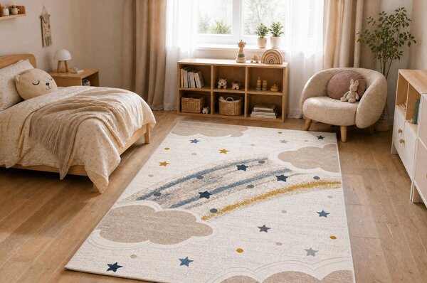 Makro Abra Dětský kusový koberec KIDDO 5264 Duha Mráčky Hvězdy bílý krémový Rozměr: 80x150 cm