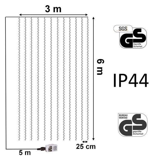 Vánoční světelný závěs 3x6 m, barevný, 12 pramenů