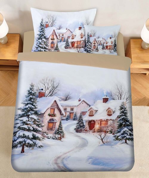 Jahu Modern House Zasněžená vesnička 3dílné mikrosaténové povlečení Rozměr: 1x 70 x 90, 1x 140 x 200 a 1x 45 x 45 cm