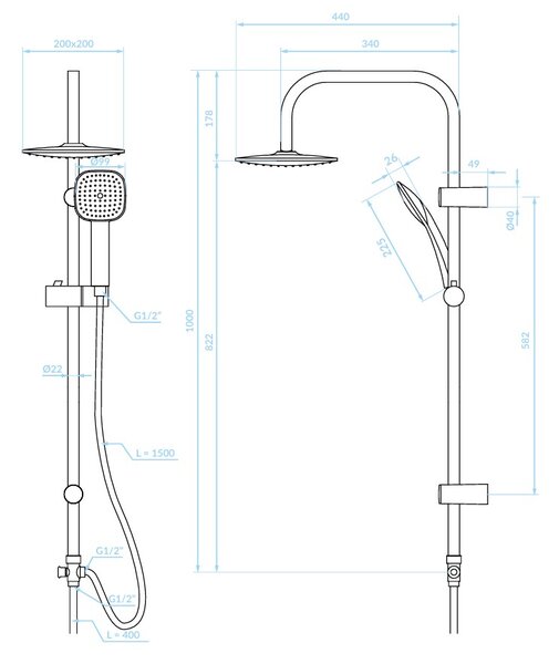 Kuchinox Ondo, sprchový sloup s dešťovou hlavicí 200x200 mm, černá, LAV-PG7_70KX