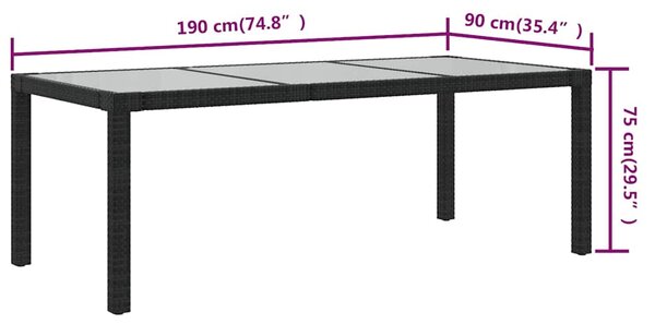 Zahradní stůl černý 190 x 90 x 75 cm tvrzené sklo a polyratan 316712