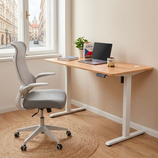Vikio Pracovní set - elektrický výškově nastavitelný stůl 120×60 cm dub + šedá kancelářská židle VPS106D-134S