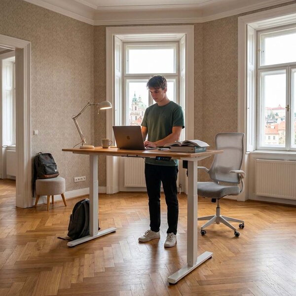 Vikio Pracovní set - elektrický výškově nastavitelný stůl 120×60 cm dub + šedá kancelářská židle VPS106D-134S