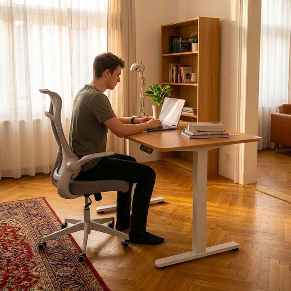 Vikio Pracovní set - elektrický výškově nastavitelný stůl 120×60 cm dub + šedá kancelářská židle VPS106D-134S