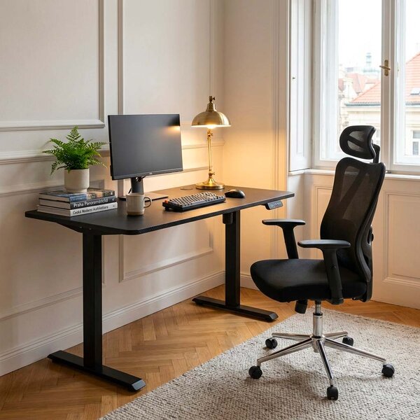 Vikio Pracovní set - elektrický výškově nastavitelný stůl 120×60 cm carbon + černá kancelářská židle VPS106C-206C