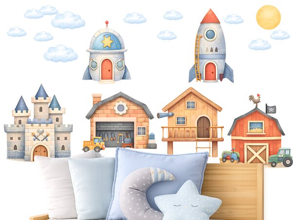 Domečky pro kluky textilní přelepitelné samolepky na zeď arch 46 x 36 cm