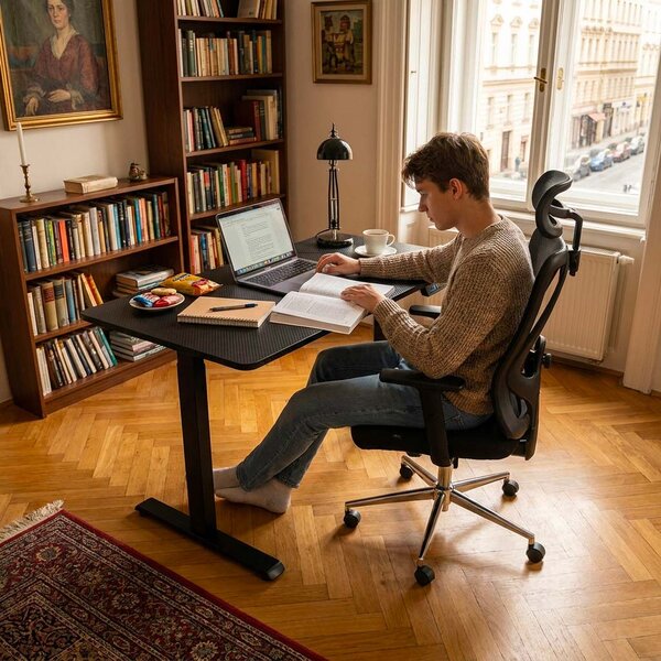 Vikio Pracovní set - elektrický výškově nastavitelný stůl 120×60 cm carbon + černá kancelářská židle VPS106C-206C