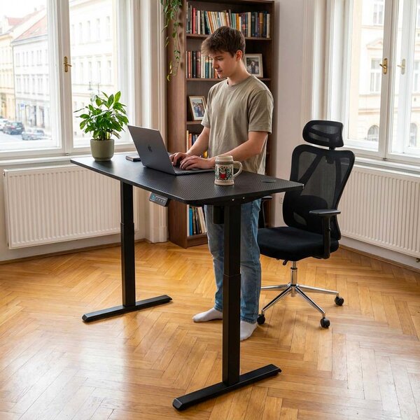 Vikio Pracovní set - elektrický výškově nastavitelný stůl 120×60 cm carbon + černá kancelářská židle VPS106C-206C