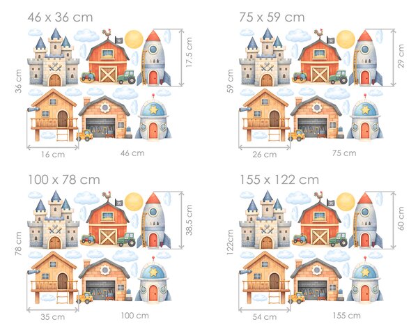 Domečky pro kluky textilní přelepitelné samolepky na zeď arch 46 x 36 cm