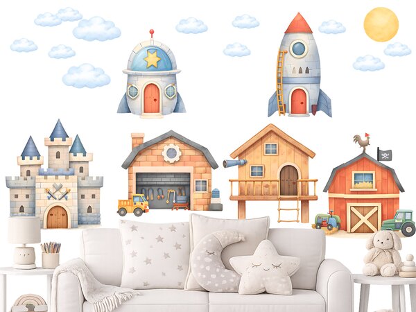 Domečky pro kluky textilní přelepitelné samolepky na zeď arch 46 x 36 cm