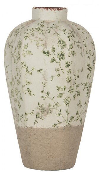 Béžová keramická váza se zelenými květy Jenia S - Ø 17*29 cm - Clayre & Eef