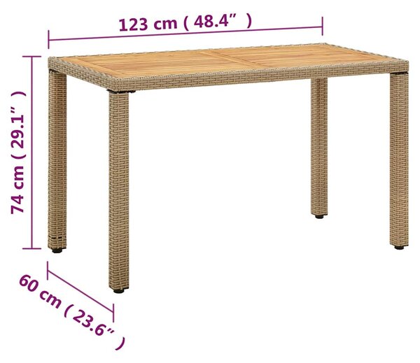 Zahradní stůl béžový 123x60x74 cm polyratan a masivní akácie 316797