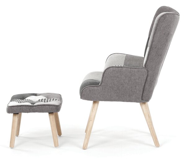 Relaxační křeslo ušák s podnožkou LYRO - šedá patchwork látka