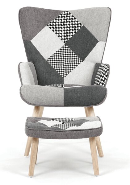 Relaxační křeslo ušák s podnožkou LYRO - šedá patchwork látka