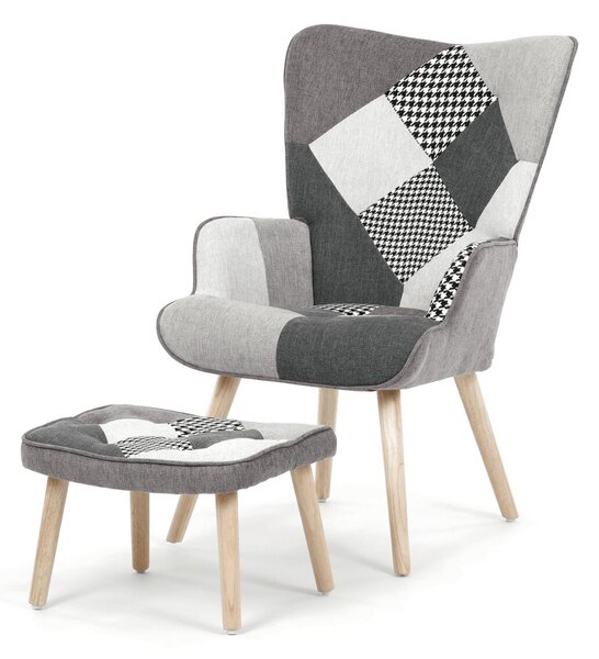 Relaxační křeslo ušák s podnožkou LYRO - šedá patchwork látka