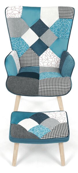 Relaxační křeslo ušák s podnožkou LYRO - modrá patchwork látka