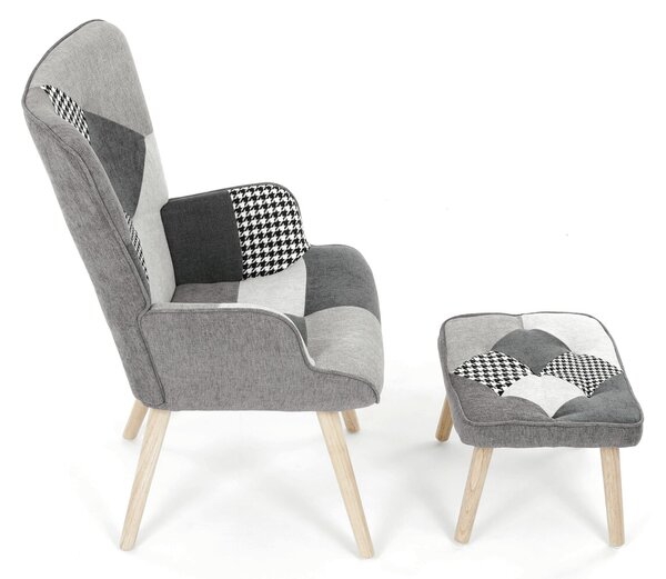 Relaxační křeslo ušák s podnožkou LYRO - šedá patchwork látka