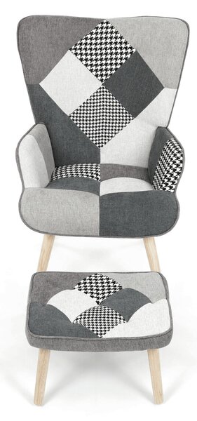 Relaxační křeslo ušák s podnožkou LYRO - šedá patchwork látka