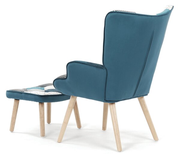 Relaxační křeslo ušák s podnožkou LYRO - modrá patchwork látka