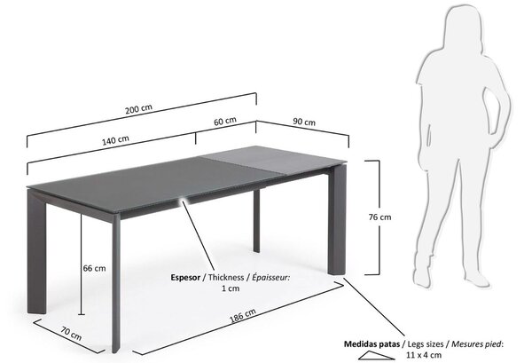 Tmavě šedý skleněný rozkládací jídelní stůl Kave Home Axis 140/200x90 cm