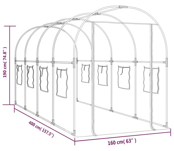 Skleník průhledný 160 x 400 x 190 cm PVC práškově lakovaná ocel 317247