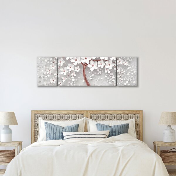 Obraz - Obraz bílého stromu s květinami, rosegold (170x50 cm)