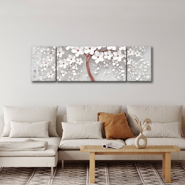 Obraz - Obraz bílého stromu s květinami, rosegold (170x50 cm)