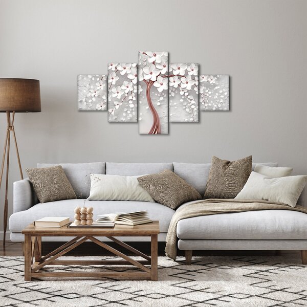 Obraz - Obraz bílého stromu s květinami, rosegold (125x70 cm)