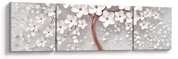 Obraz - Obraz bílého stromu s květinami, rosegold (170x50 cm)