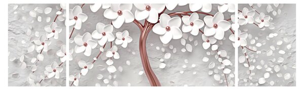 Obraz - Obraz bílého stromu s květinami, rosegold (170x50 cm)