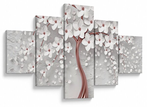Obraz - Obraz bílého stromu s květinami, rosegold (125x70 cm)