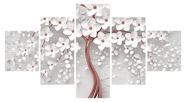Obraz - Obraz bílého stromu s květinami, rosegold (125x70 cm)