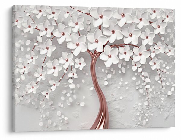 Obraz - Obraz bílého stromu s květinami, rosegold (70x50 cm)