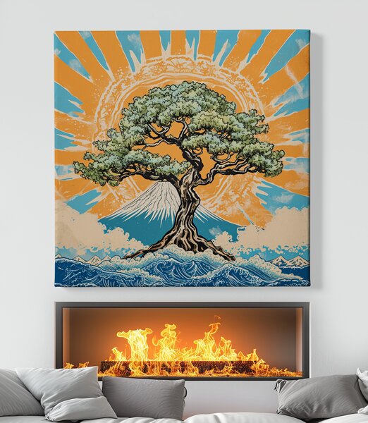 Obraz na plátně - Strom života Slunce a hora Fuji FeelHappy.cz Velikost obrazu: 60 x 60 cm