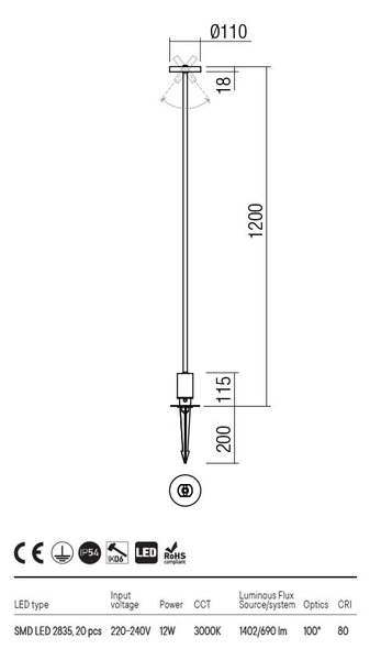 Redo Venkovní LED sloupkové zapichovací svítidlo ELFIC, v:120cm Barva: Antracit, Teplota světla: 3000K