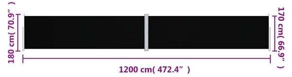 Zatahovací boční markýza černá 180 x 1 200 cm 318072