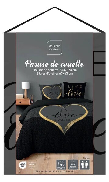 Černé 3dílné bavlněné povlečení na dvoulůžko/prodloužené 240x220 cm Crazy Love – douceur d'intérieur