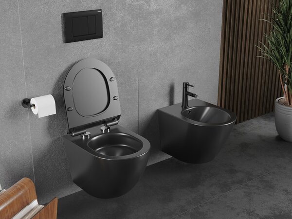 Mexen Lena, závěsná WC mísa 490x360x340 mm, Rimless Tornádo + WC sedátko z duroplastu, černá matná, 30220185T