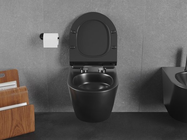 Mexen Lena, závěsná WC mísa 490x360x340 mm, Rimless Tornádo + WC sedátko z duroplastu, černá matná, 30220185T