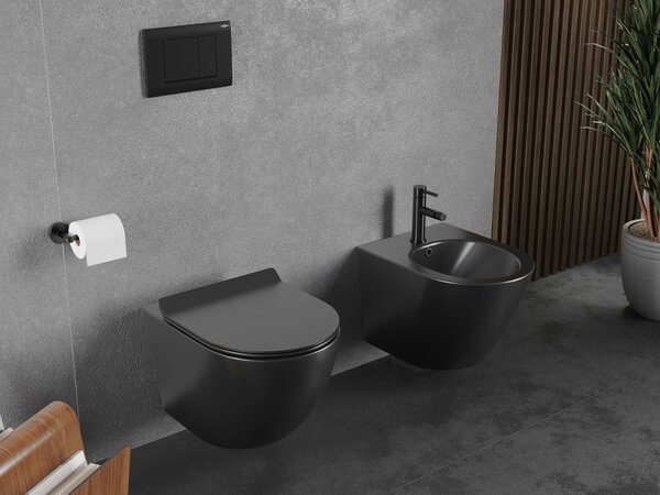 Mexen Lena, závěsná WC mísa 490x360x340 mm, Rimless Tornádo + WC sedátko z duroplastu, černá matná, 30220185T