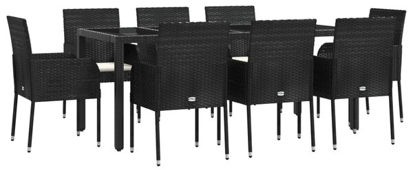 9dílný zahradní jídelní set s poduškami černý polyratan 3185004