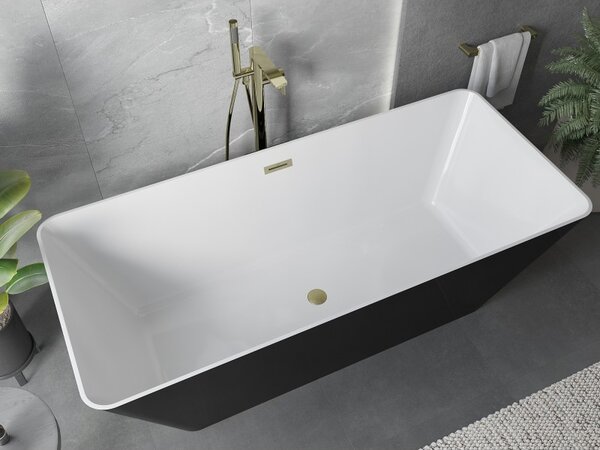 Mexen Velo Slim, volně stojící vana 170 × 75 cm, bílá/černá lesklá, zlatý matný přepad, 52811707575-55