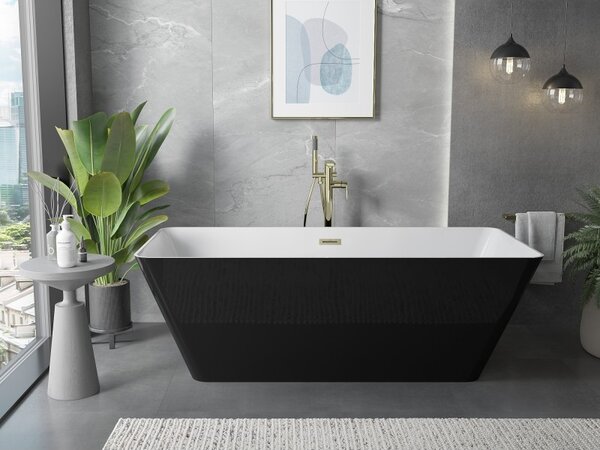 Mexen Velo Slim, volně stojící vana 170 × 75 cm, bílá/černá lesklá, zlatý matný přepad, 52811707575-55