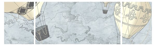 Obraz - Balóny nad městem, chladné tóny (170x50 cm)