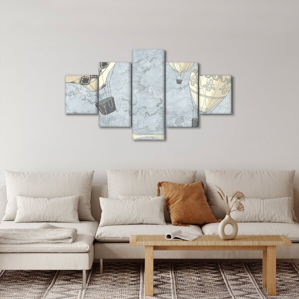 Obraz - Balóny nad městem, chladné tóny (125x70 cm)