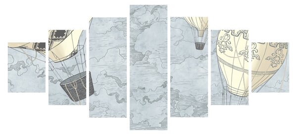Obraz - Balóny nad městem, chladné tóny (210x100 cm)