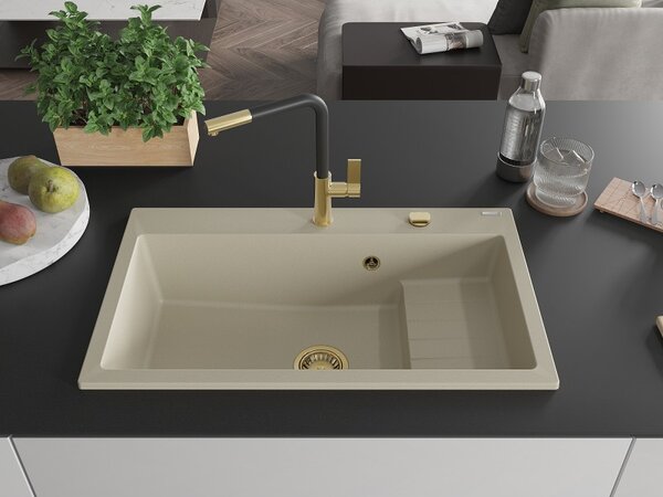 Mexen Omar, 1-komorový granitový dřez 800x480x210 mm, béžový, zlatý sifon, 6520801005-69-G