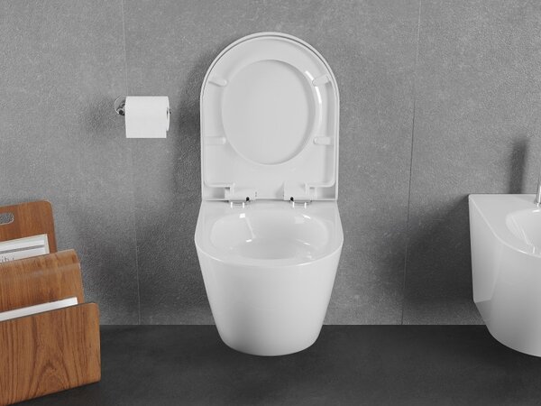 Mexen Lena, závěsná WC mísa 490x360x340 mm, Rimless Tornádo + toaletní WC sedátko z duroplastu, bílá lesklá, 30220200T