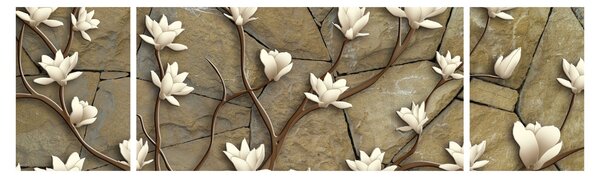 Obraz - Bílé magnólie na kamenném zdivu (170x50 cm)