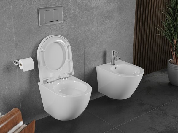 Mexen Lena, závěsná WC mísa 490x360x340 mm, Rimless Tornádo + toaletní WC sedátko z duroplastu, bílá lesklá, 30220200T